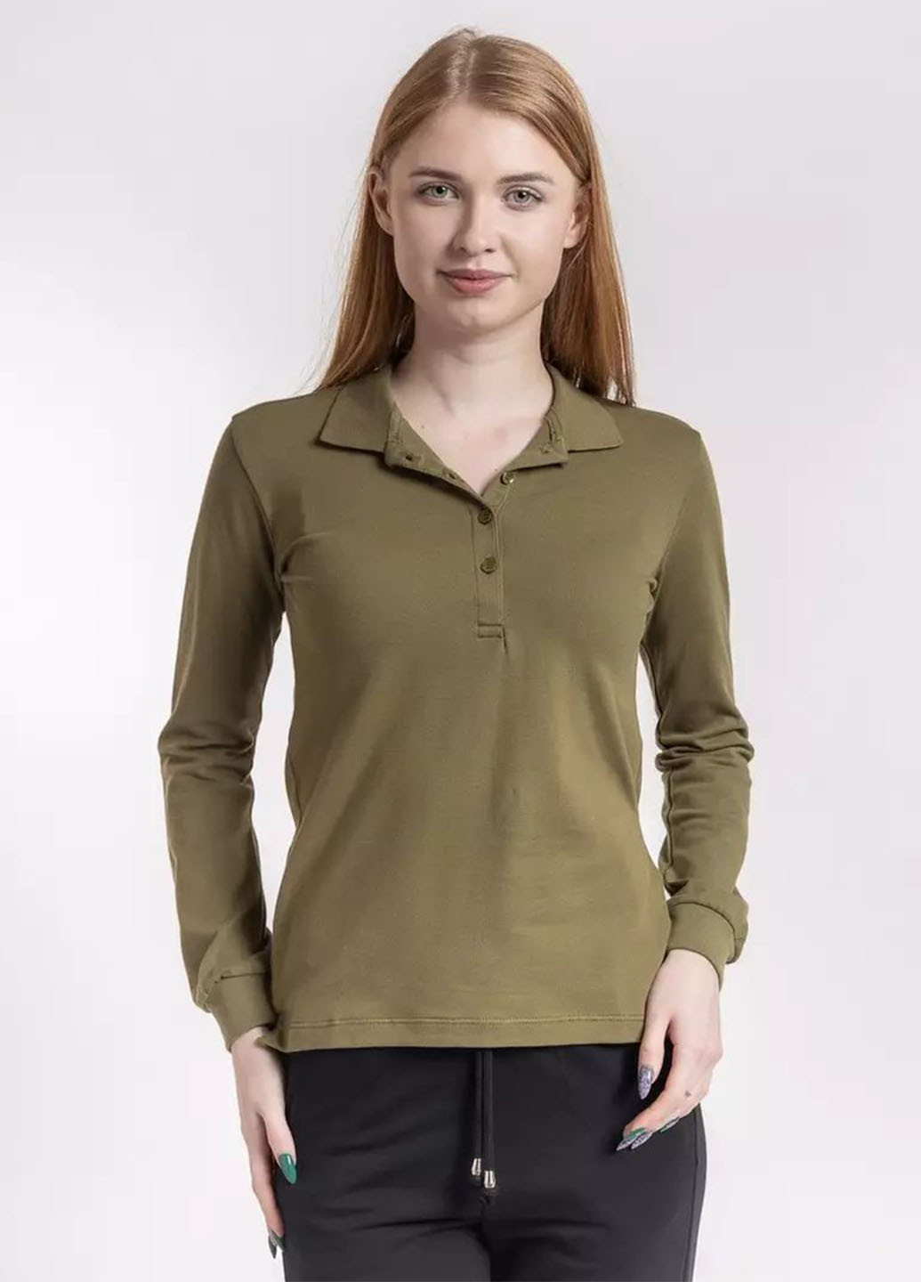 Оливковая (хаки) женская футболка-поло BBL однотонная