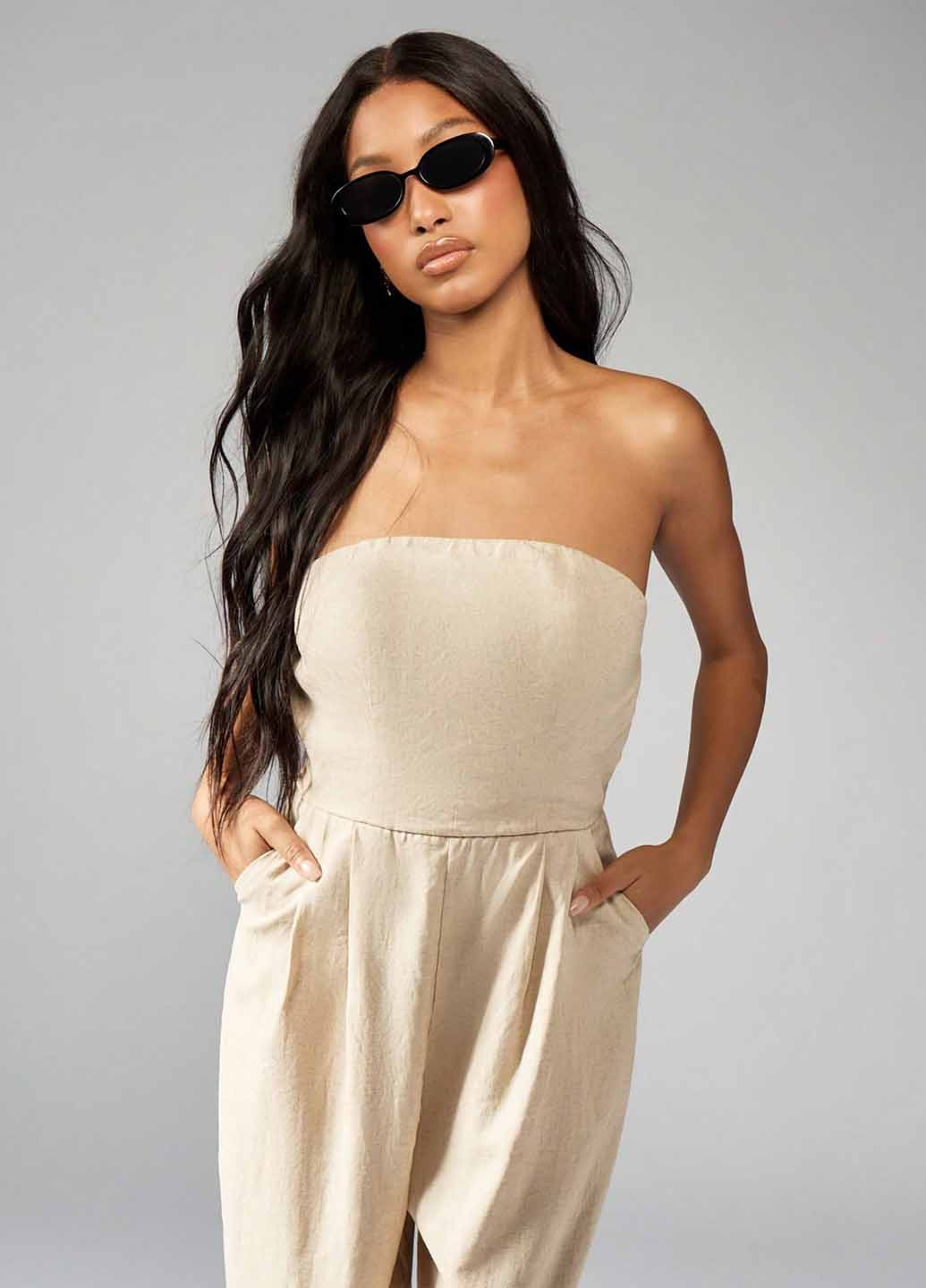 Комбинезон SHEIN комбинезон-брюки однотонный бежевый кэжуал лен