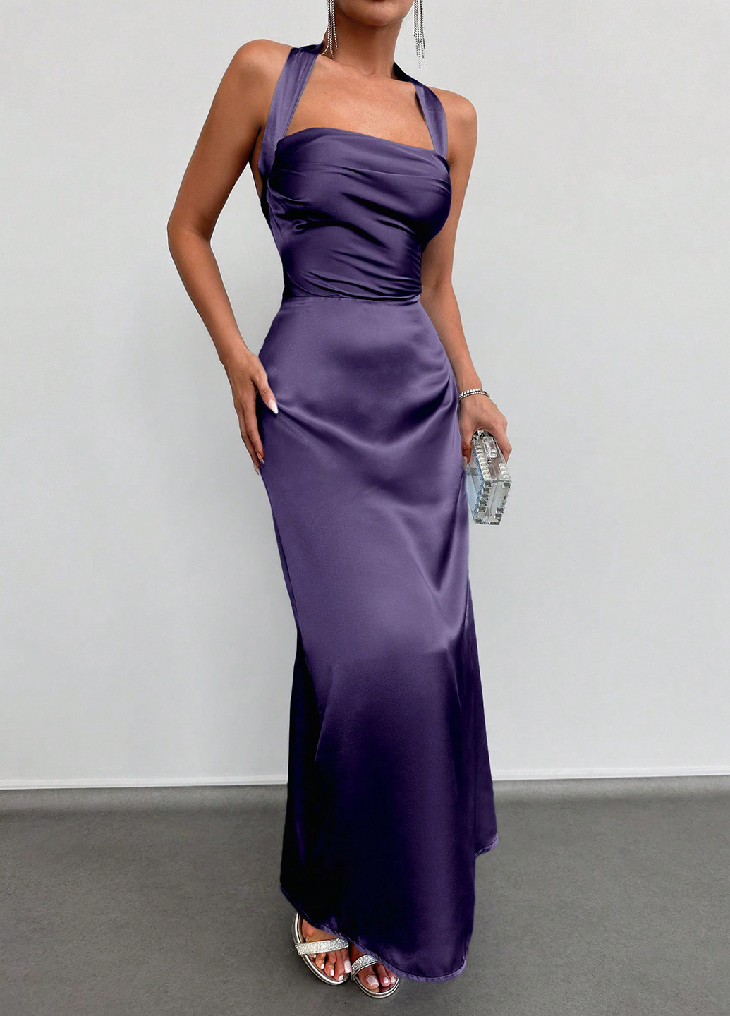 Фиолетовое вечернее платье с открытой спиной, клеш SHEIN однотонное