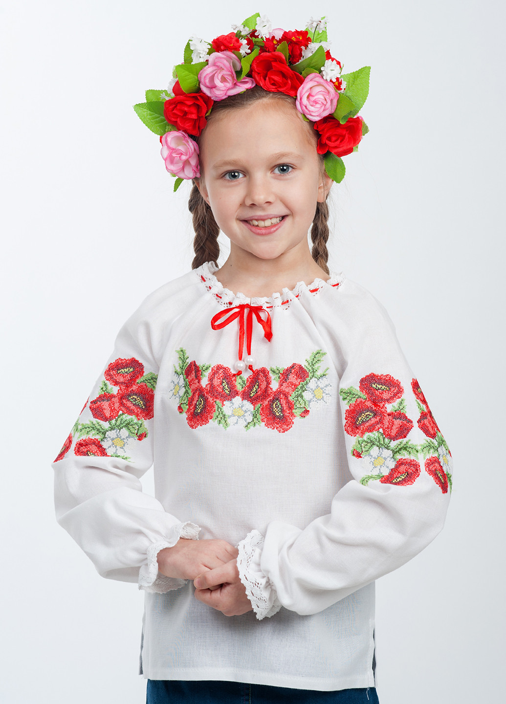 Белая цветочной расцветки блузка с длинным рукавом Vyshyvanka демисезонная
