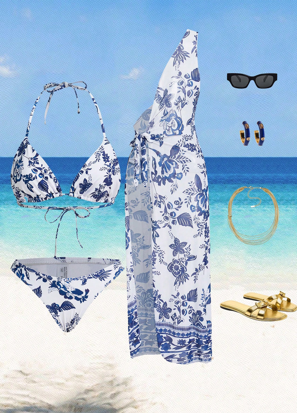 Синій літній купальник (ліф, трусики, накидка) бікіні, роздільний SHEIN