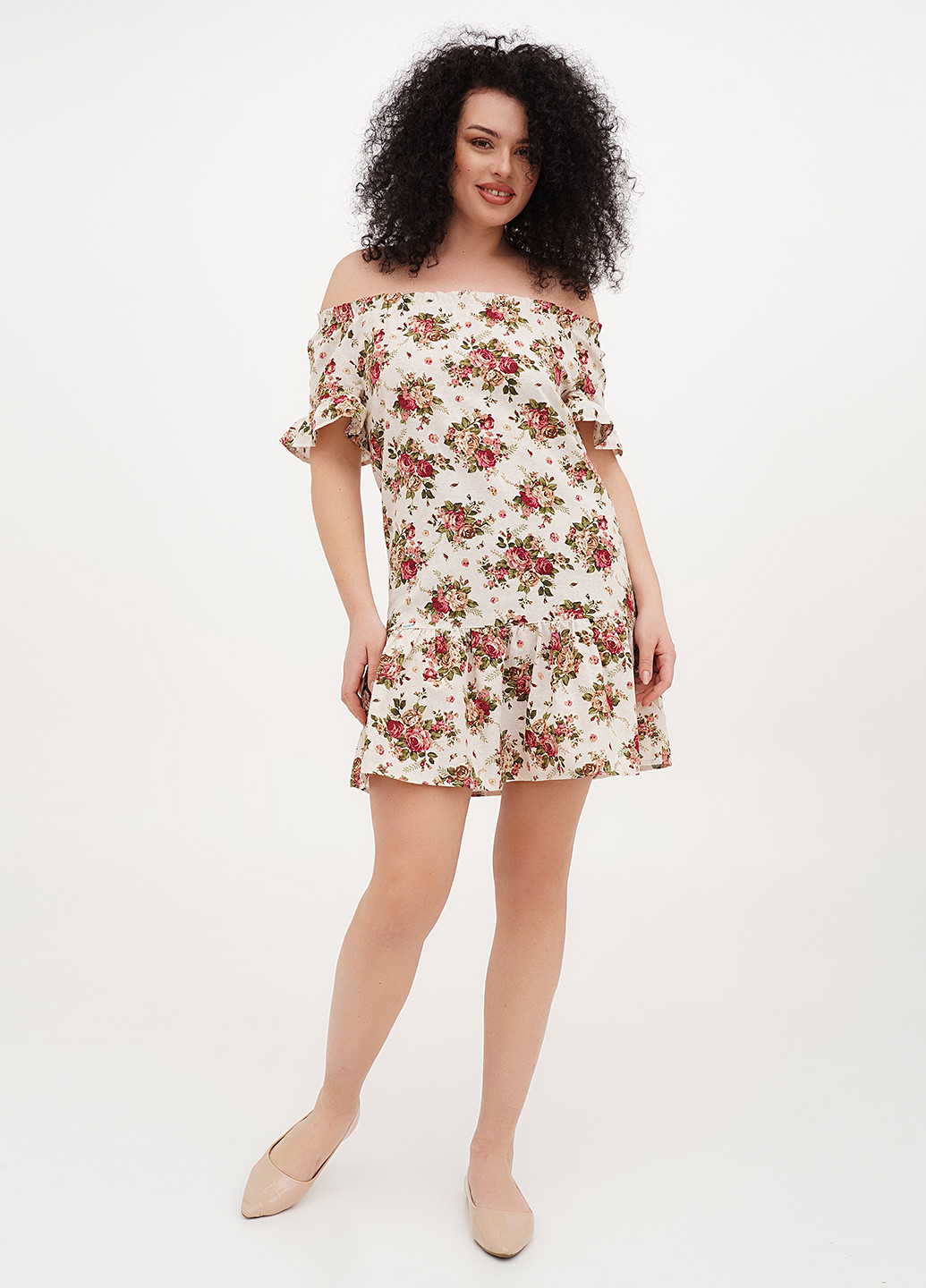 Світло-бежева кежуал сукня з відкритими плечима Silence з квітковим принтом