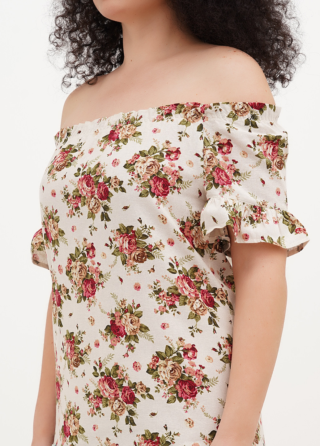 Світло-бежева кежуал сукня з відкритими плечима Silence з квітковим принтом