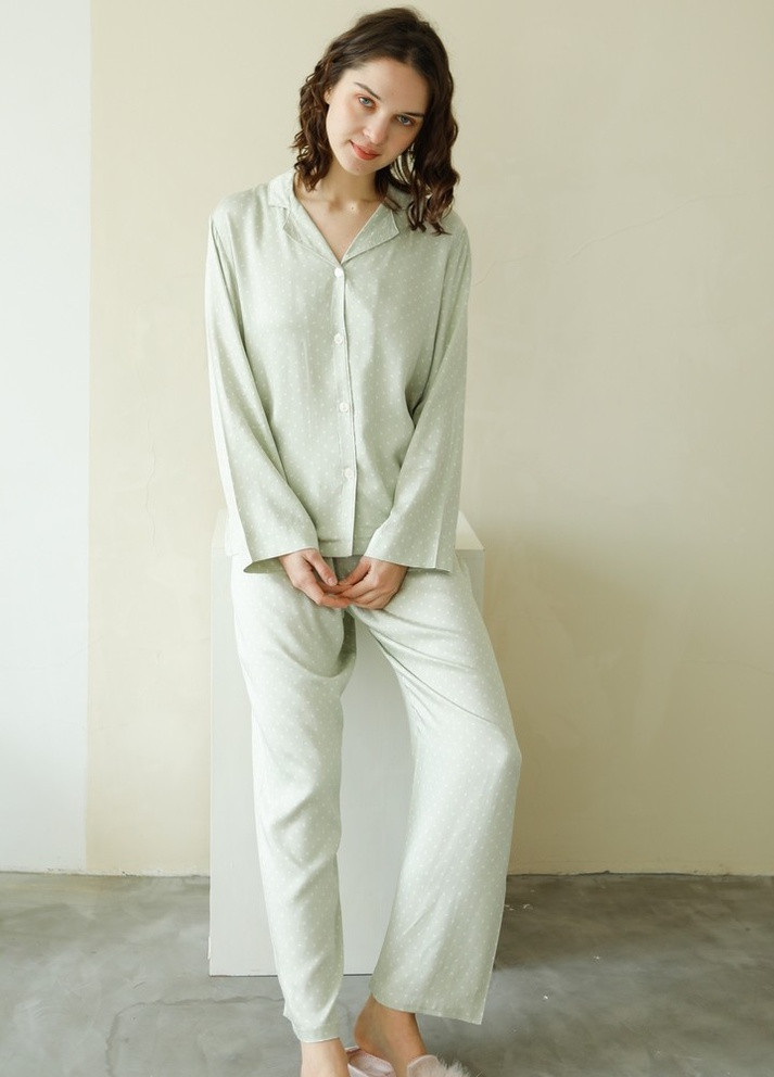 Зеленая всесезон пижама женская white peas рубашка + брюки Berni Fashion 55091