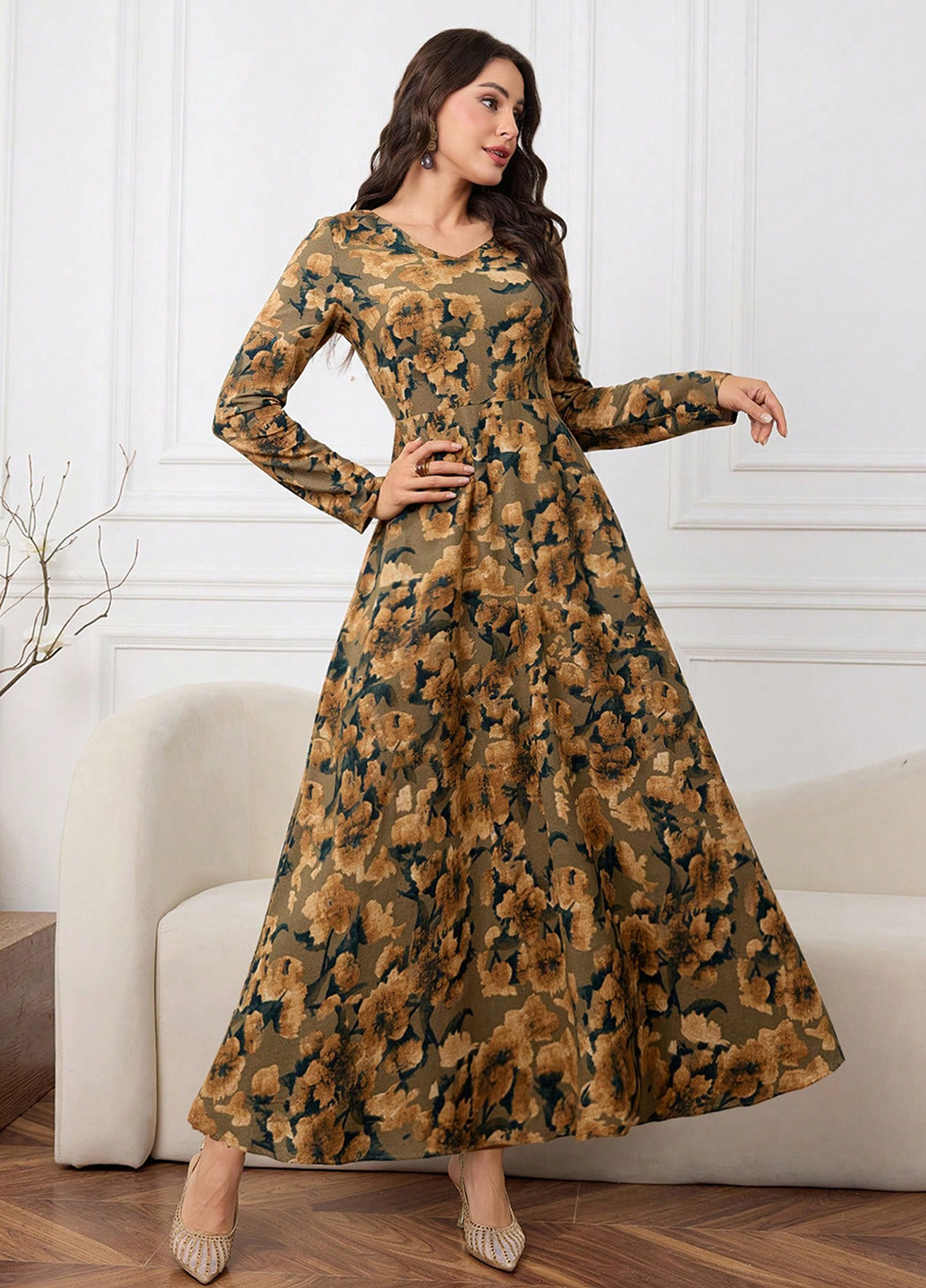 Оливковое (хаки) кэжуал платье с юбкой-солнце SHEIN с цветочным принтом