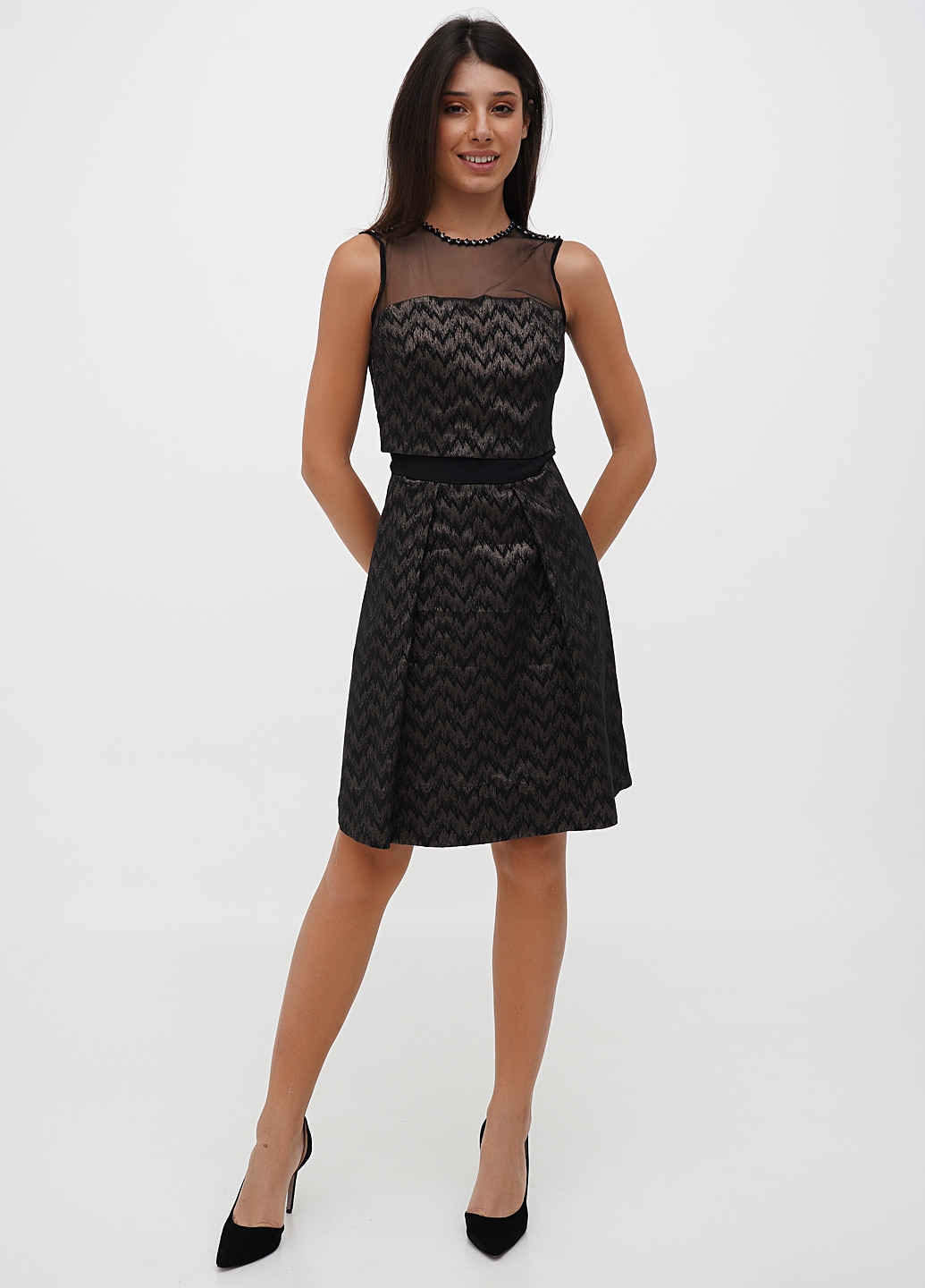 Коричневое кэжуал платье клеш Sassofono с абстрактным узором