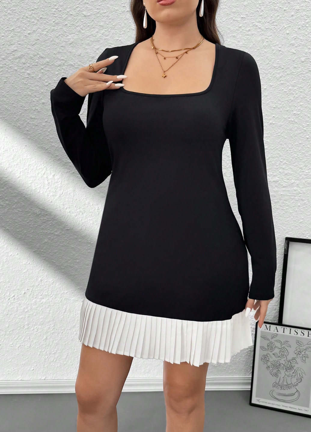 Черно-белое кэжуал платье плиссированное SHEIN колор блок