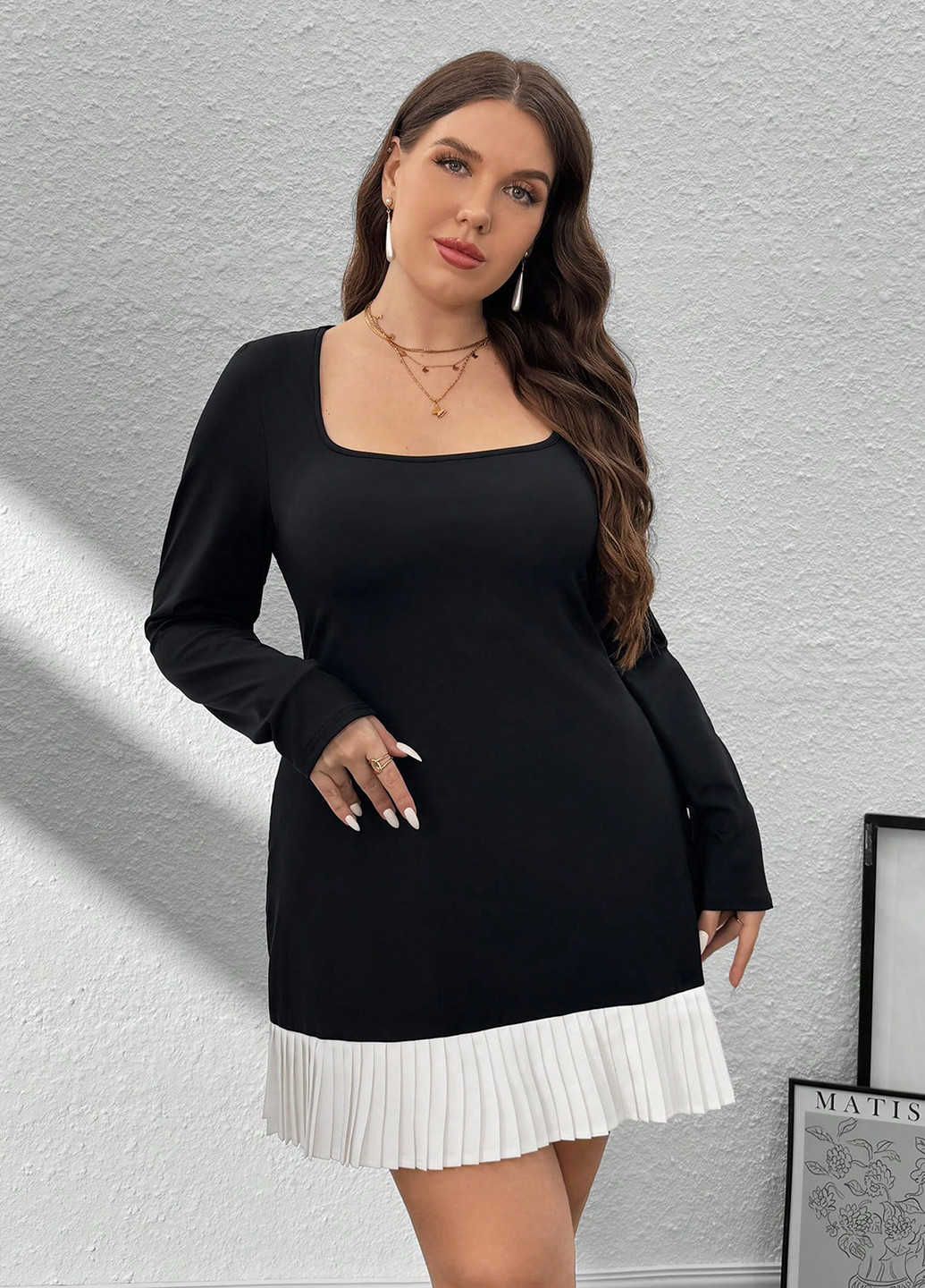 Черно-белое кэжуал платье плиссированное SHEIN колор блок