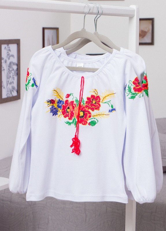 Вышиванка для девочки с длинным рукавом Носи своє 6112 украинская символика белая праздничная интерлок