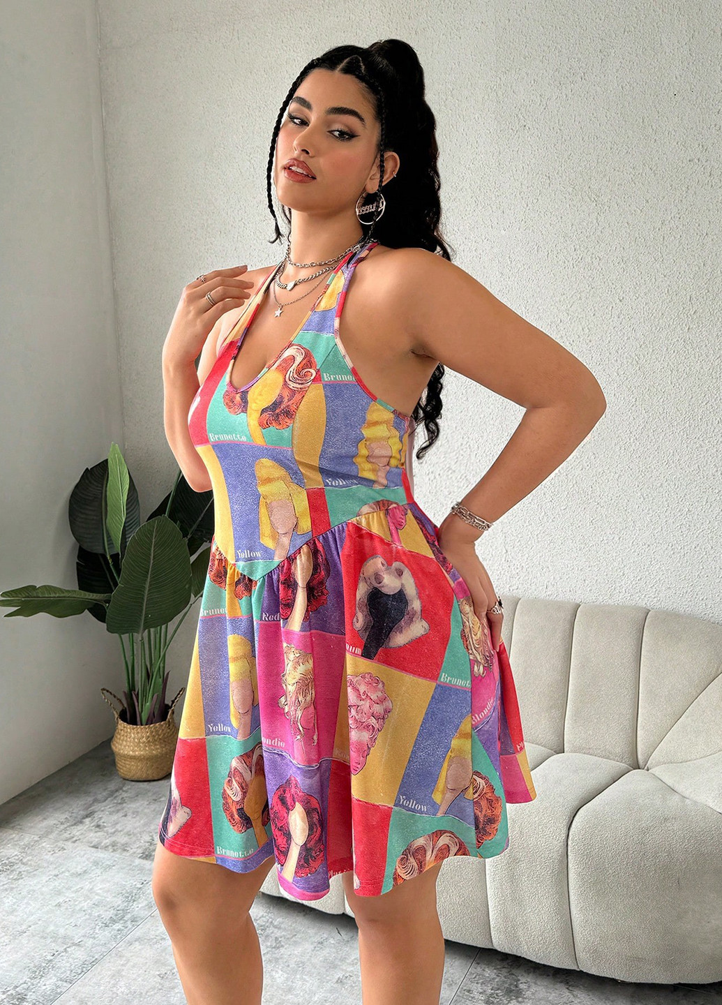 Комбінована кежуал сукня з відкритою спиною, з спідницею-сонце SHEIN з малюнком