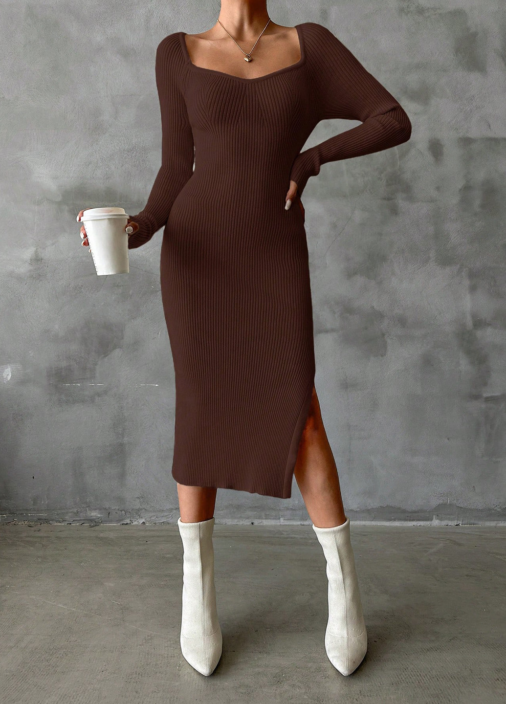 Темно-коричневое вечернее, праздничный, кэжуал платье футляр, платье-свитер SHEIN однотонное