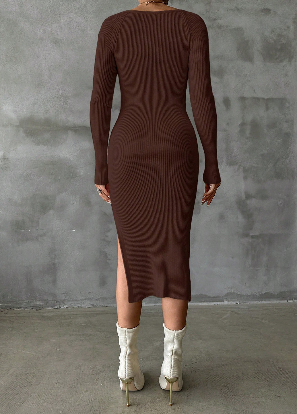 Темно-коричневое вечернее, праздничный, кэжуал платье футляр, платье-свитер SHEIN однотонное