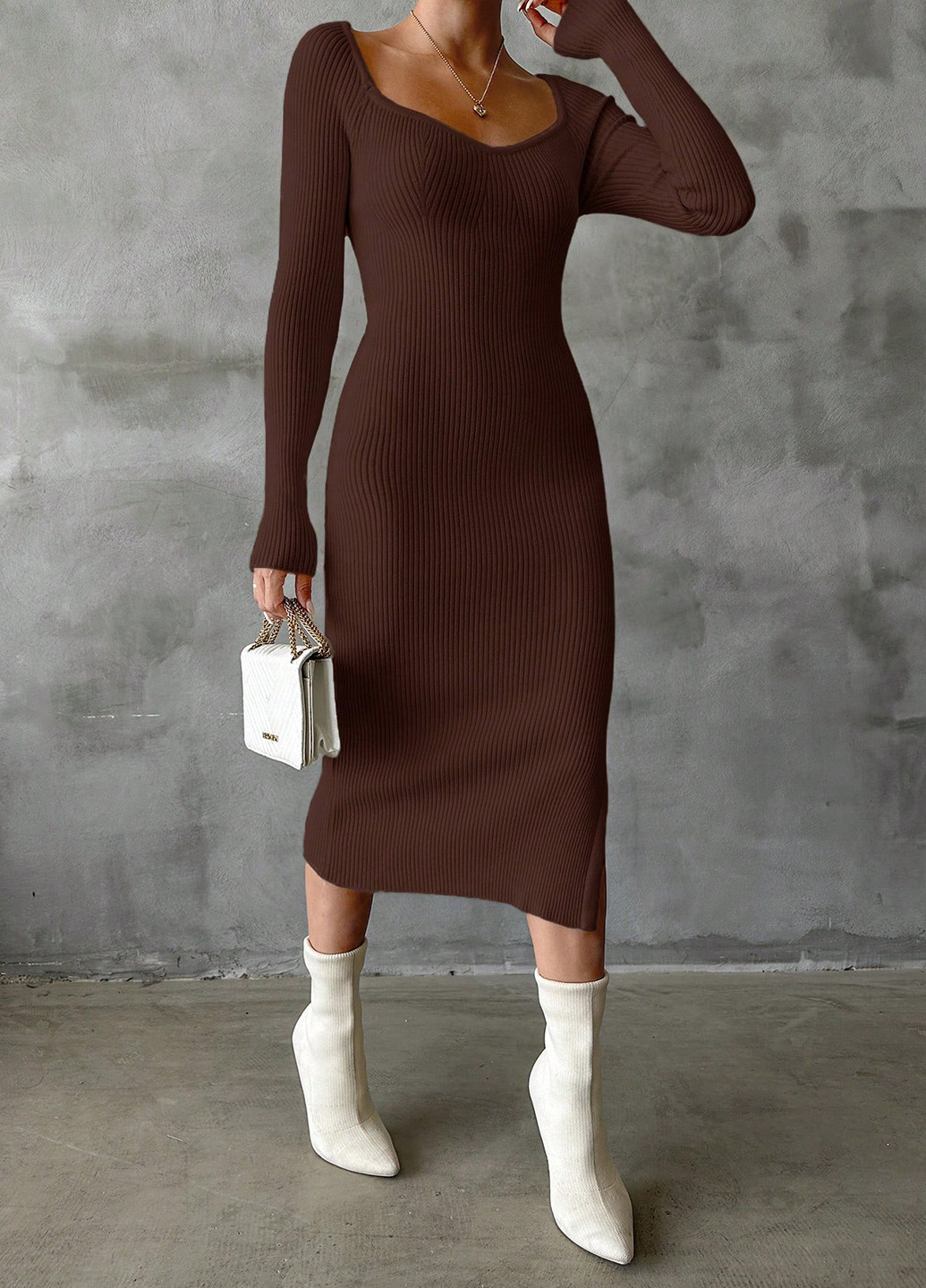 Темно-коричневое вечернее, праздничный, кэжуал платье футляр, платье-свитер SHEIN однотонное