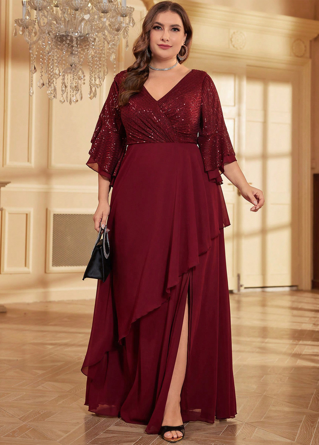 Бордова вечірня сукня на запах SHEIN однотонна