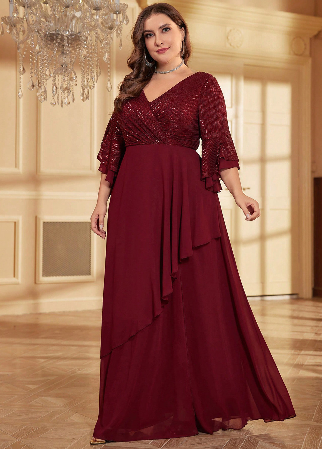 Бордова вечірня сукня на запах SHEIN однотонна