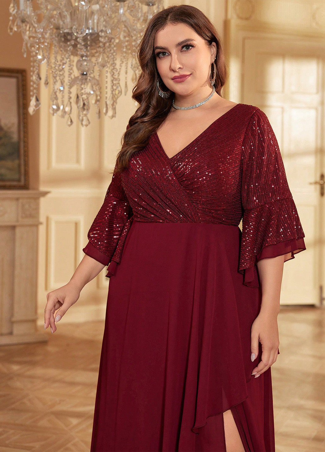 Бордова вечірня сукня на запах SHEIN однотонна