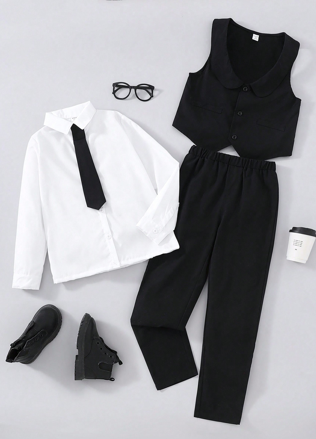 Черно-белый демисезонный костюм (рубашка, брюки, жилет) тройка SHEIN