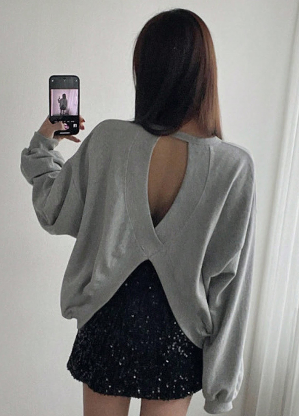 Серый свитшот SHEIN меланж с вырезами (329532777)