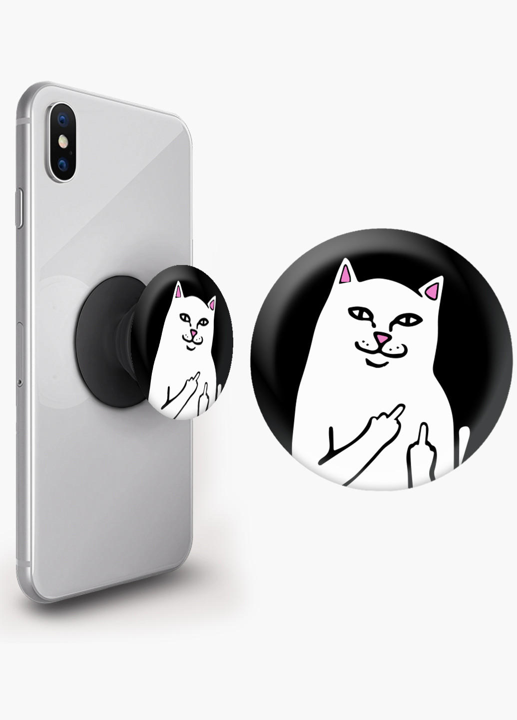 Попсокет (Popsockets) держатель для смартфона мем Белый Кот с пальцем (meme Cat Middle finger) (8754-2851) Черный MobiPrint (221548605)