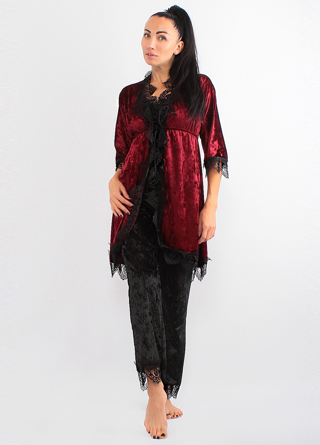 Бордовый демисезонный комплект (халат, топ, брюки) Ghazel