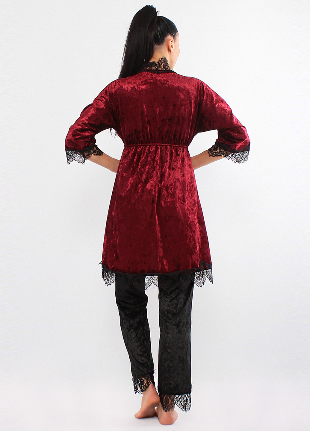 Бордовый демисезонный комплект (халат, топ, брюки) Ghazel