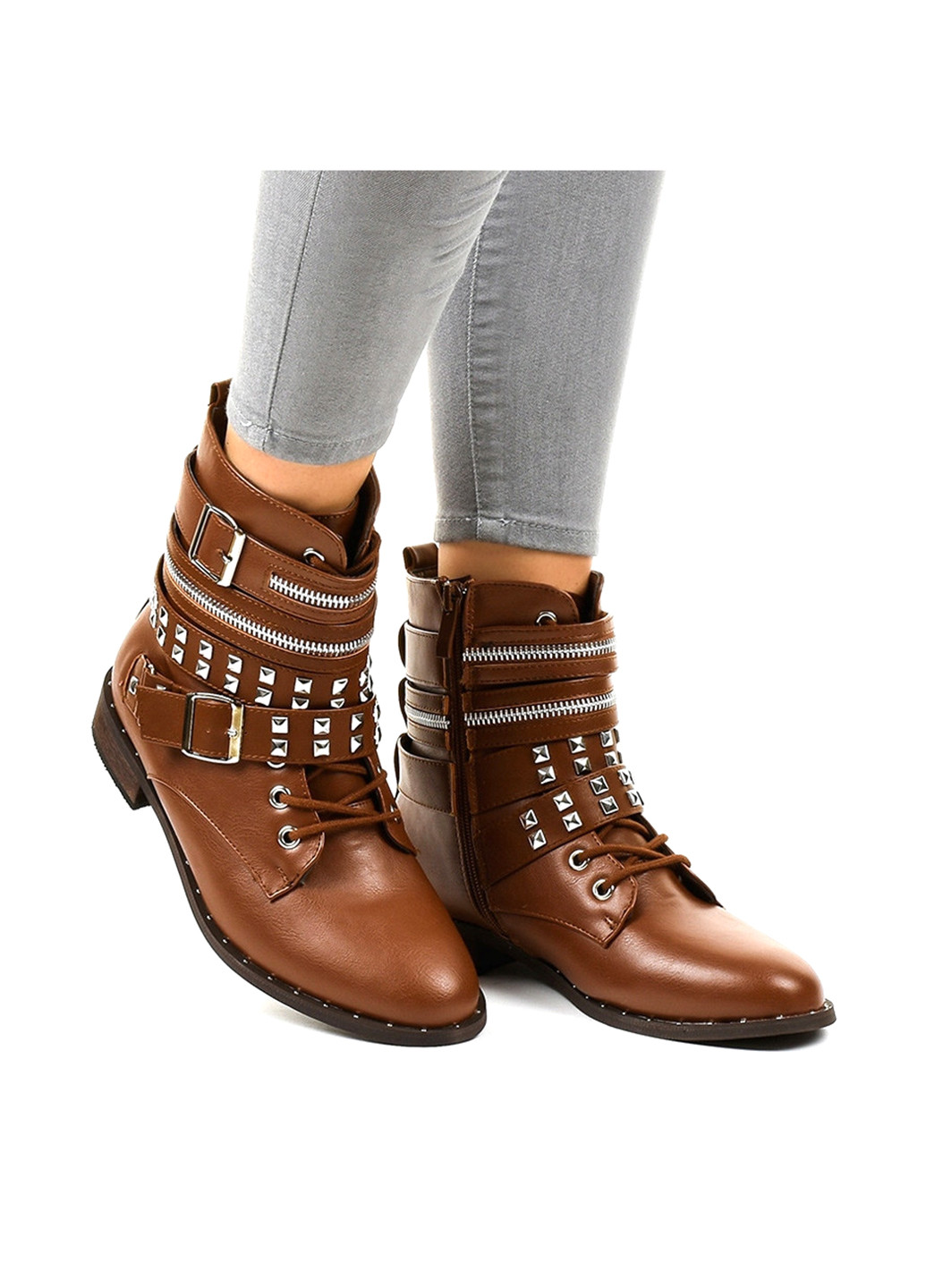 Осенние ботинки Abloom с молнией, с шипами, со шнуровкой, с пряжкой из искусственной кожи