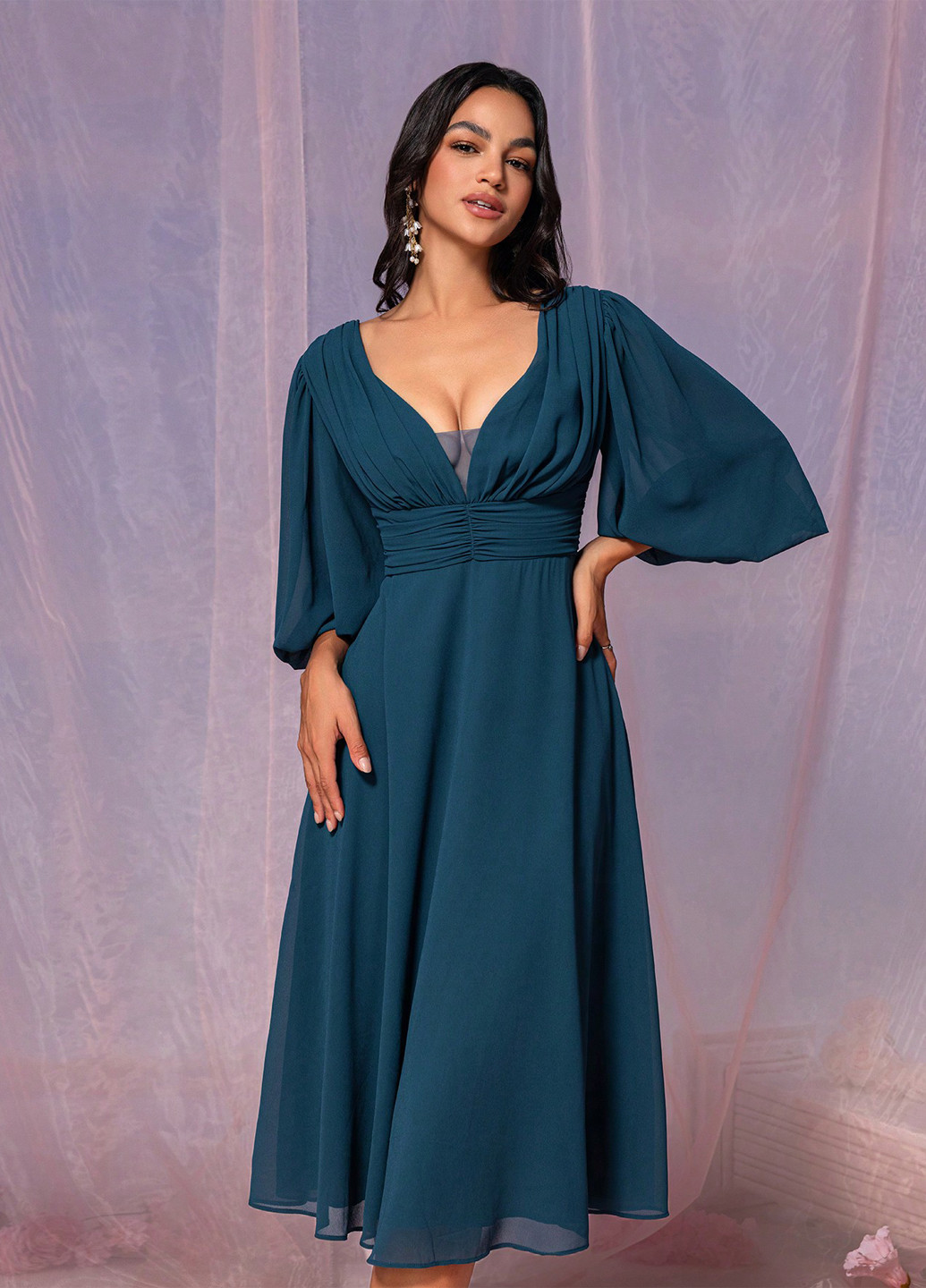 Морской волны вечернее, праздничный платье клеш, в стиле ампир, с открытой спиной SHEIN однотонное