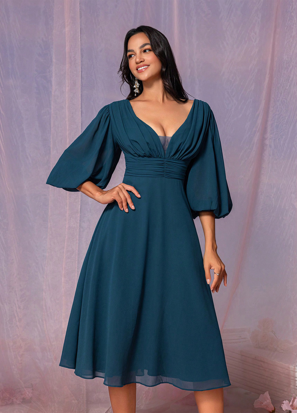 Морской волны вечернее, праздничный платье клеш, в стиле ампир, с открытой спиной SHEIN однотонное