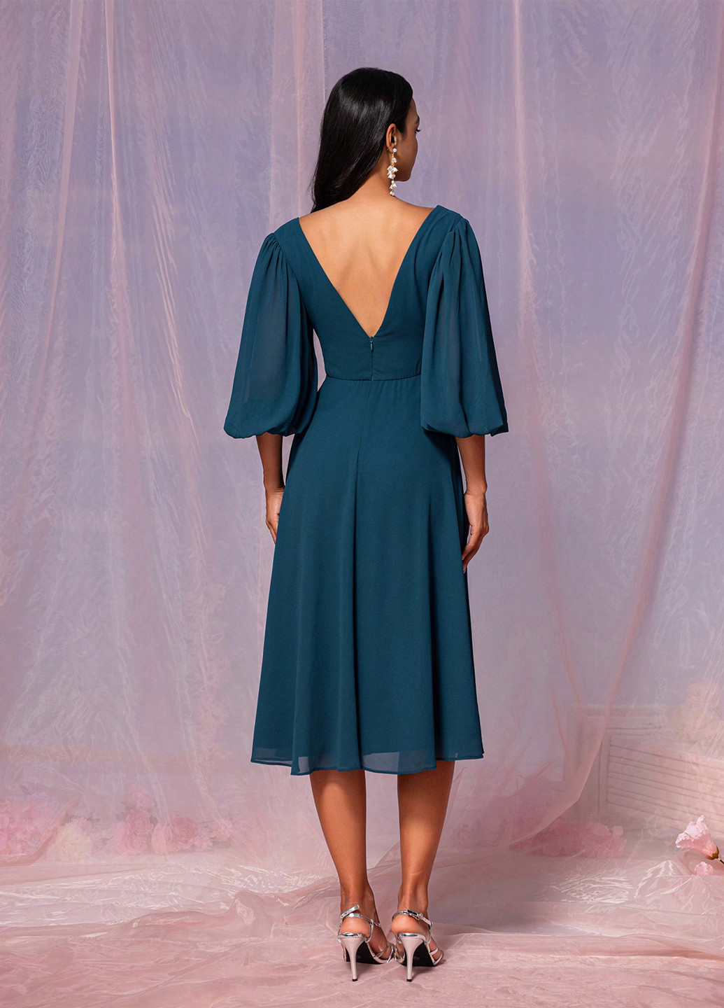 Морской волны вечернее, праздничный платье клеш, в стиле ампир, с открытой спиной SHEIN однотонное