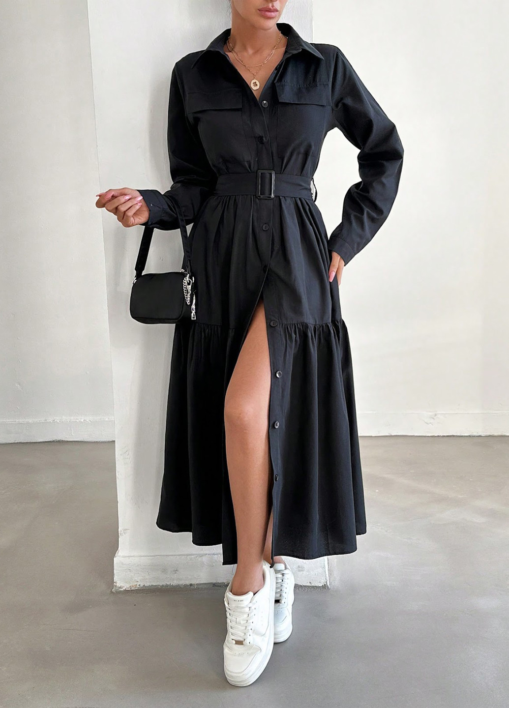 Черное кэжуал платье рубашка SHEIN однотонное