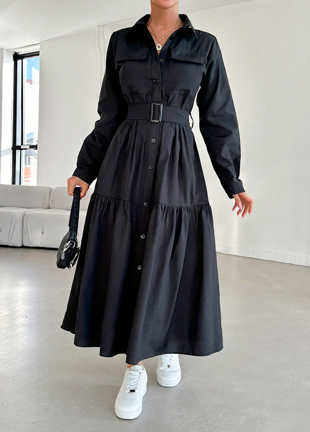 Черное кэжуал платье рубашка SHEIN однотонное