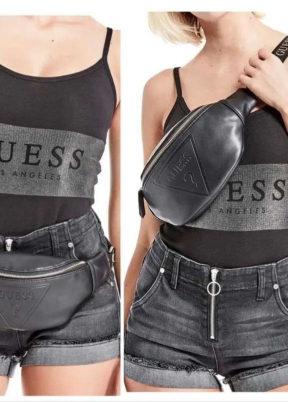 Жіноча бананка поясна сумка з золотими написами на ремені чорна Guess (253016839)