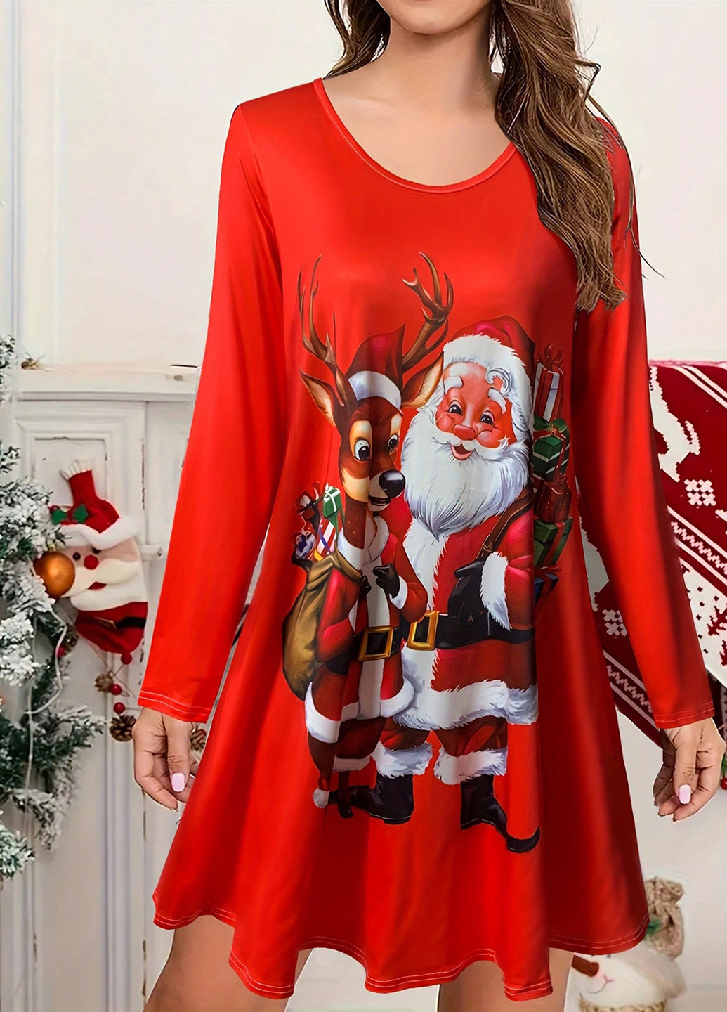 Красное кэжуал платье клеш SHEIN с новогодним принтом