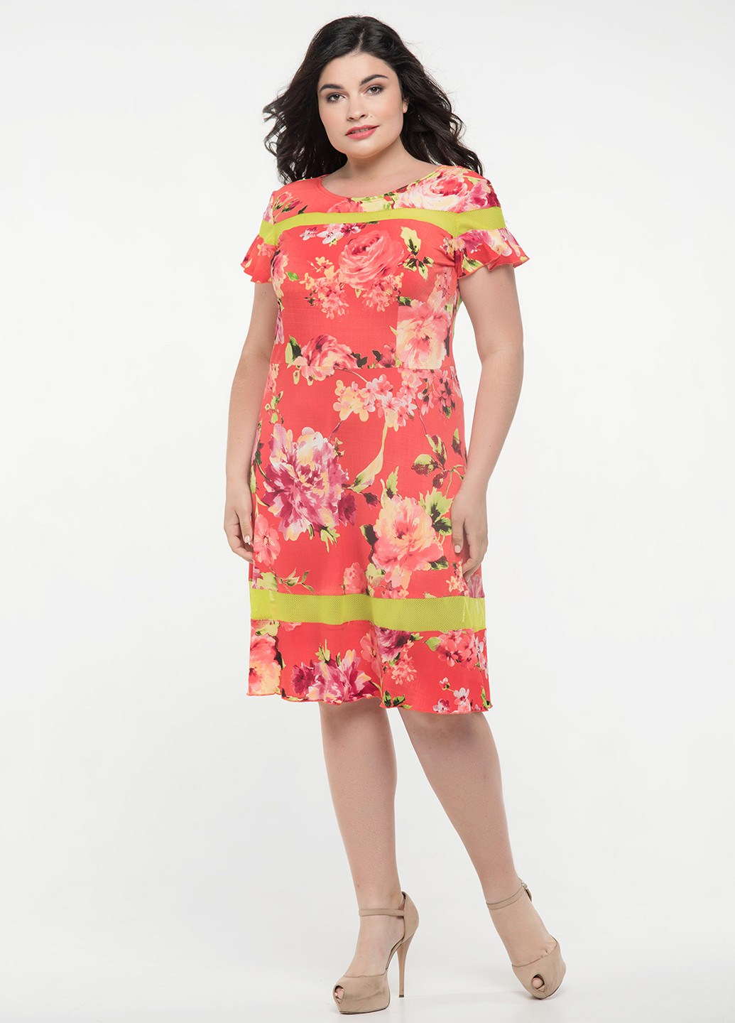 Коралова кежуал плаття, сукня кльош Miledi з квітковим принтом