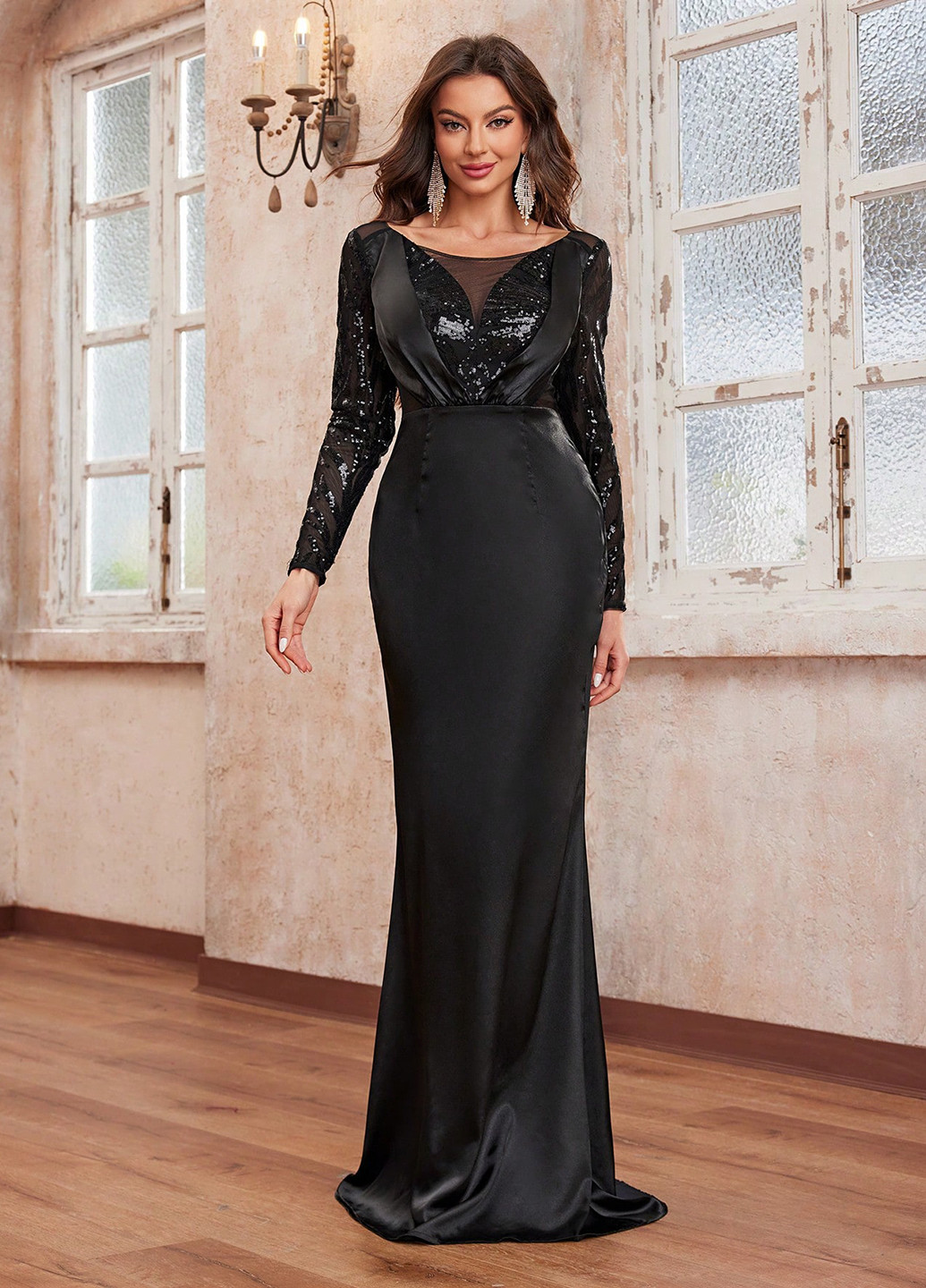 Чорна вечірня, святковий сукня зі шлейфом SHEIN однотонна