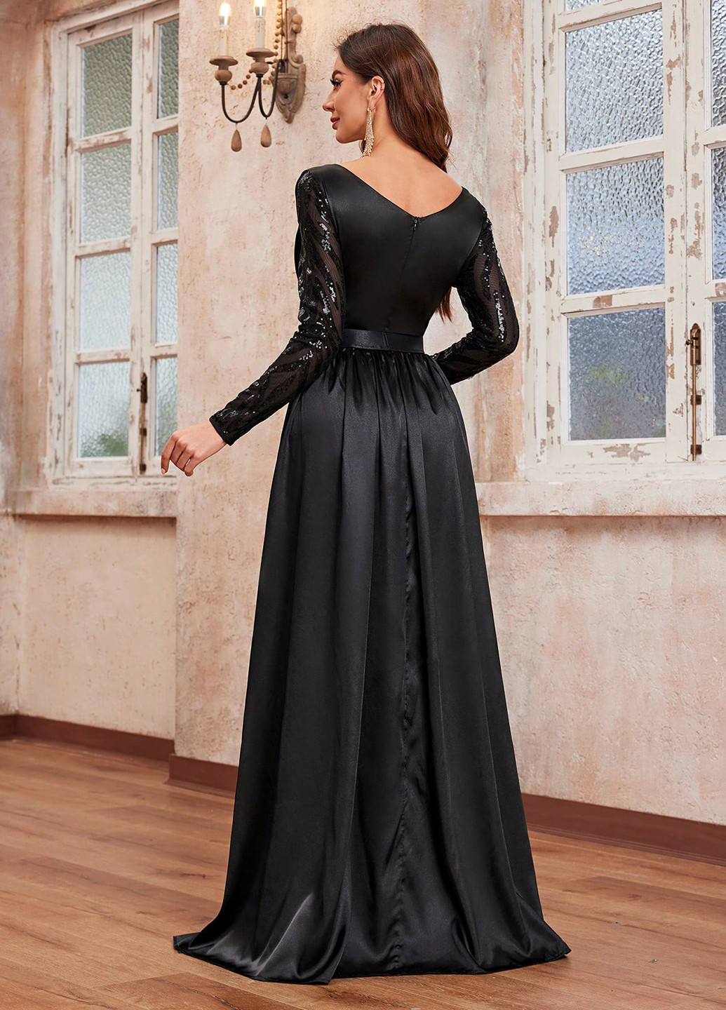 Чорна вечірня, святковий сукня зі шлейфом SHEIN однотонна