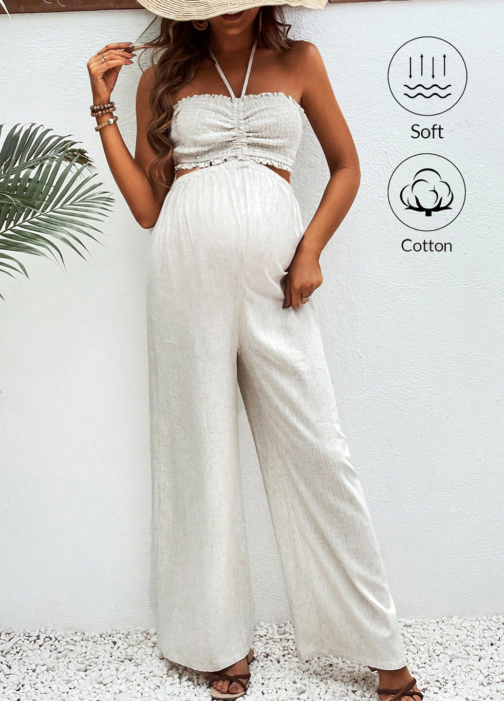 Комбінезон для вагітних SHEIN комбінезон-брюки меланж світло-бежевий кежуал льон, віскоза