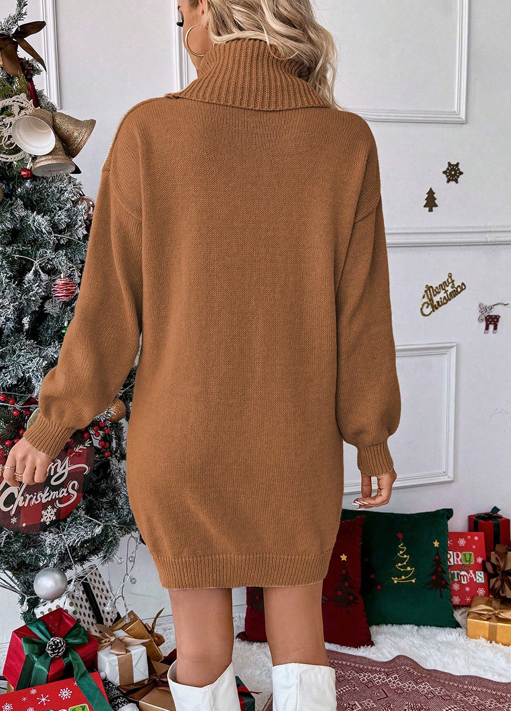 Коричнева кежуал сукня сукня светр SHEIN з новорічним принтом