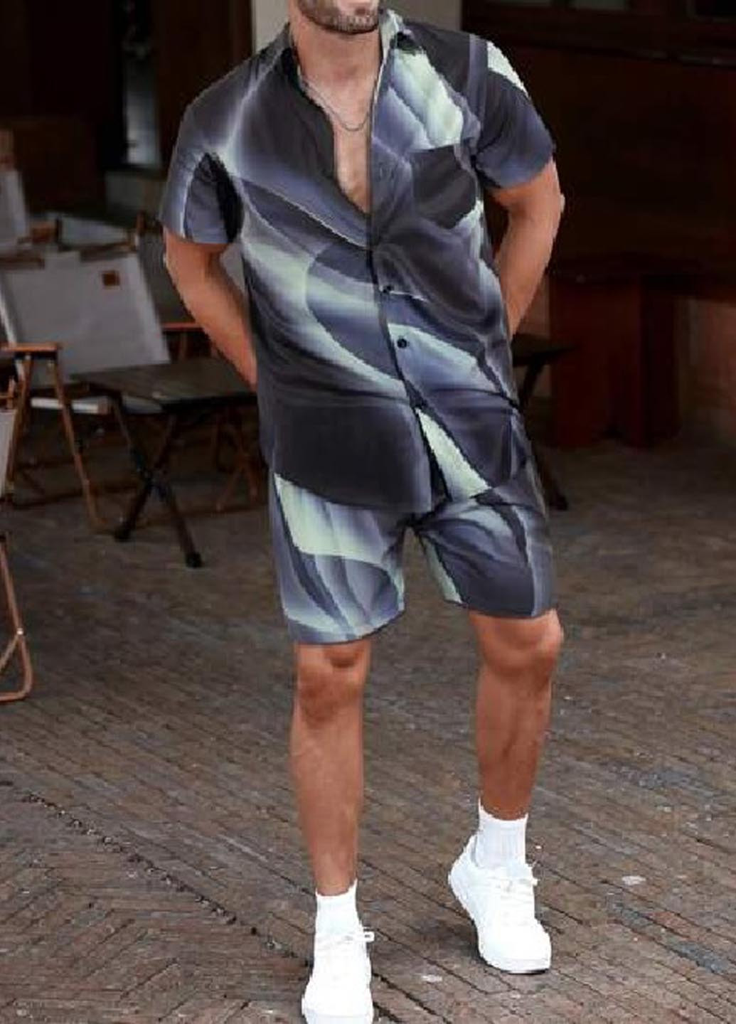 Сірий літній костюм (сорочка, шорти) з сорочкою, з шортами Manfinity