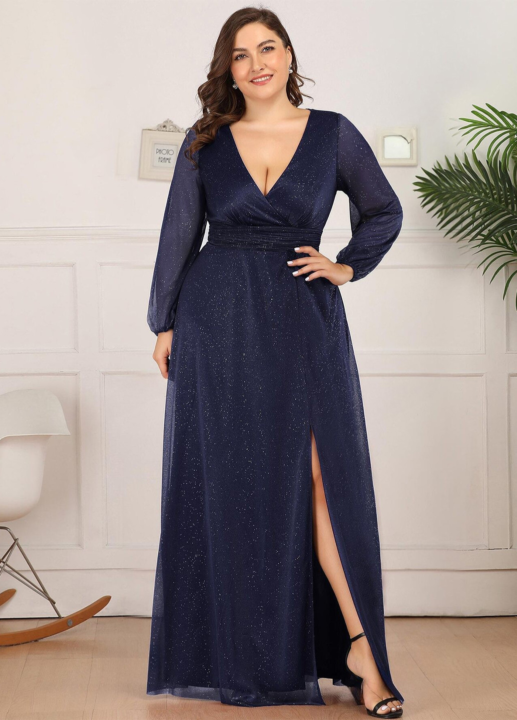 Темно-синее вечернее платье на запах SHEIN однотонное