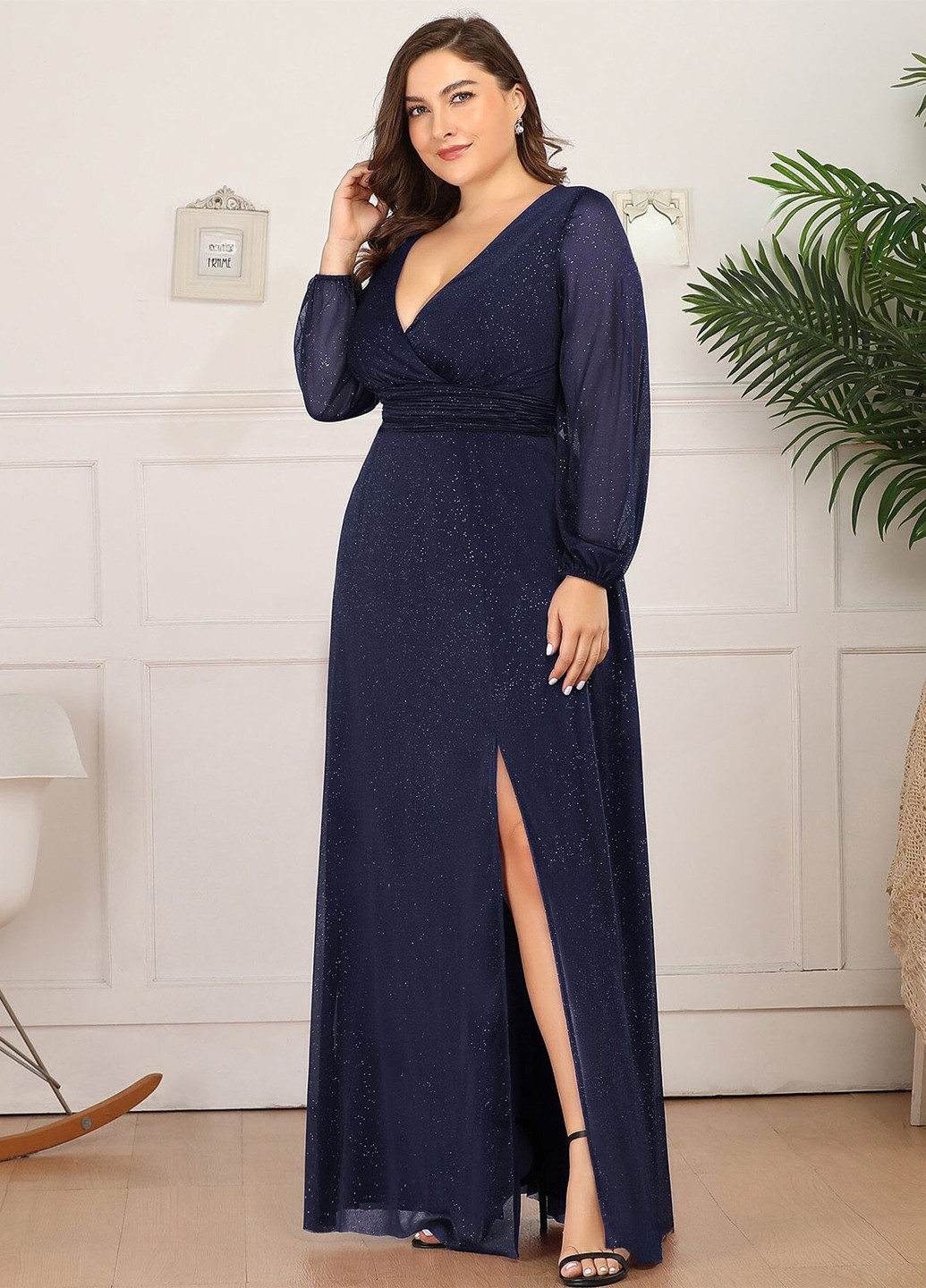 Темно-синее вечернее платье на запах SHEIN однотонное