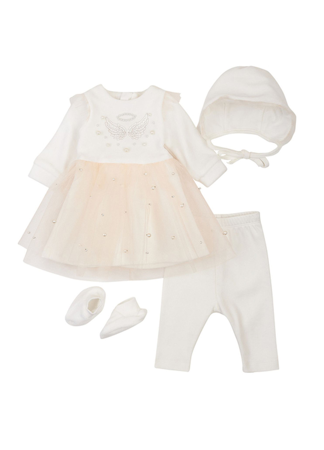Молочний демісезонний комплект для хрещення (сукня,штани, шапка,пінетки) Ляля