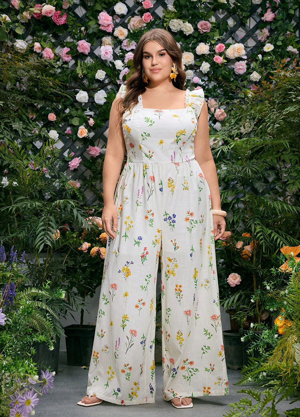 Комбінезон SHEIN комбінезон-брюки квітковий білий кежуал бавовна