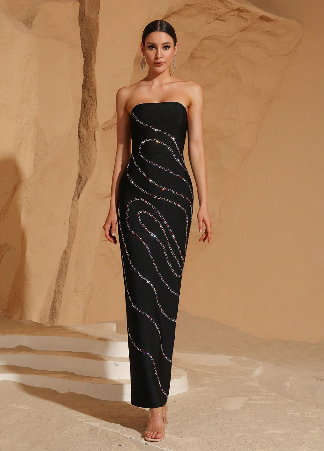 Черное вечернее платье бандо, с открытыми плечами, с открытой спиной SHEIN однотонное