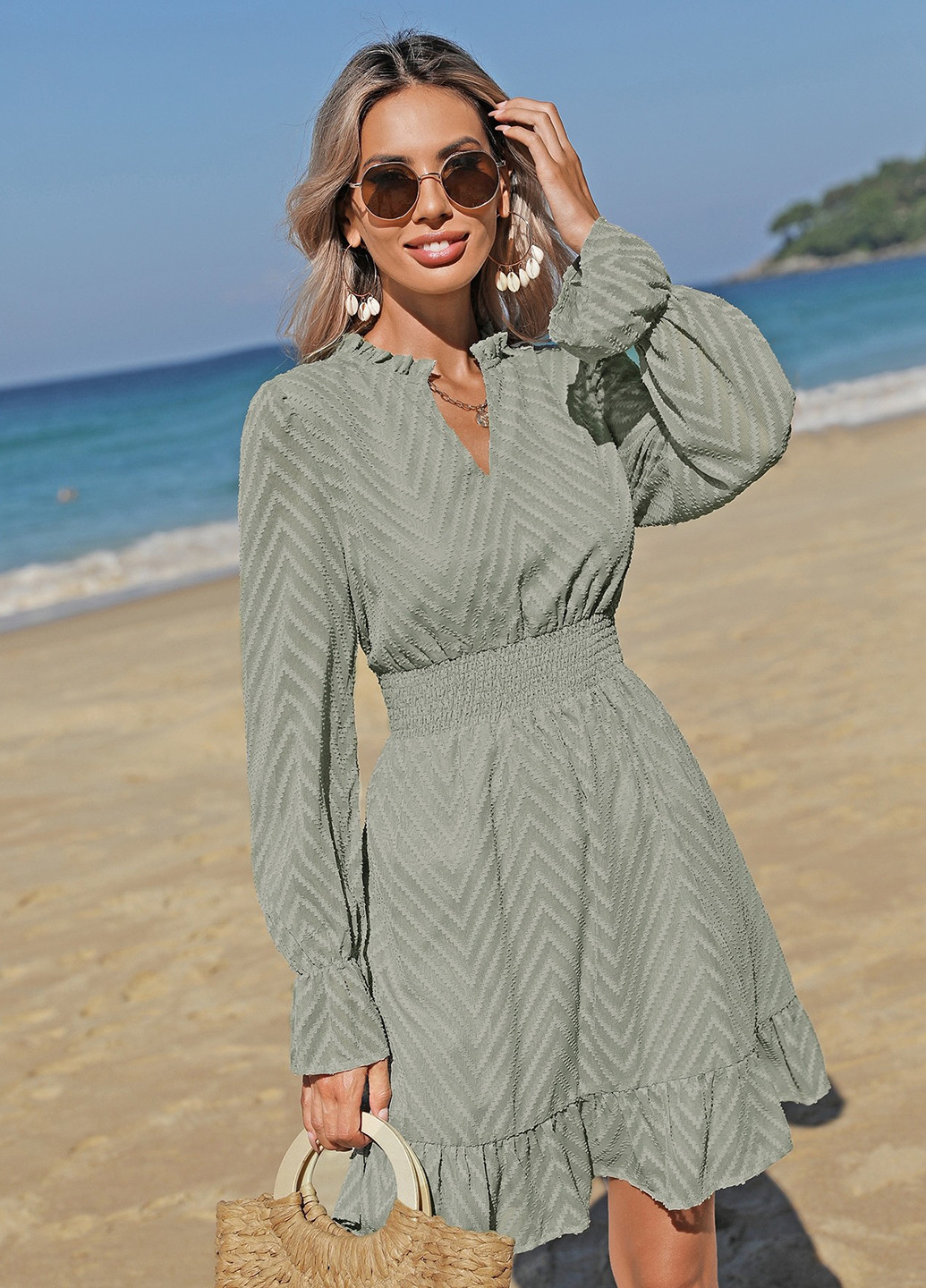 Серо-зеленое кэжуал платье SHEIN однотонное