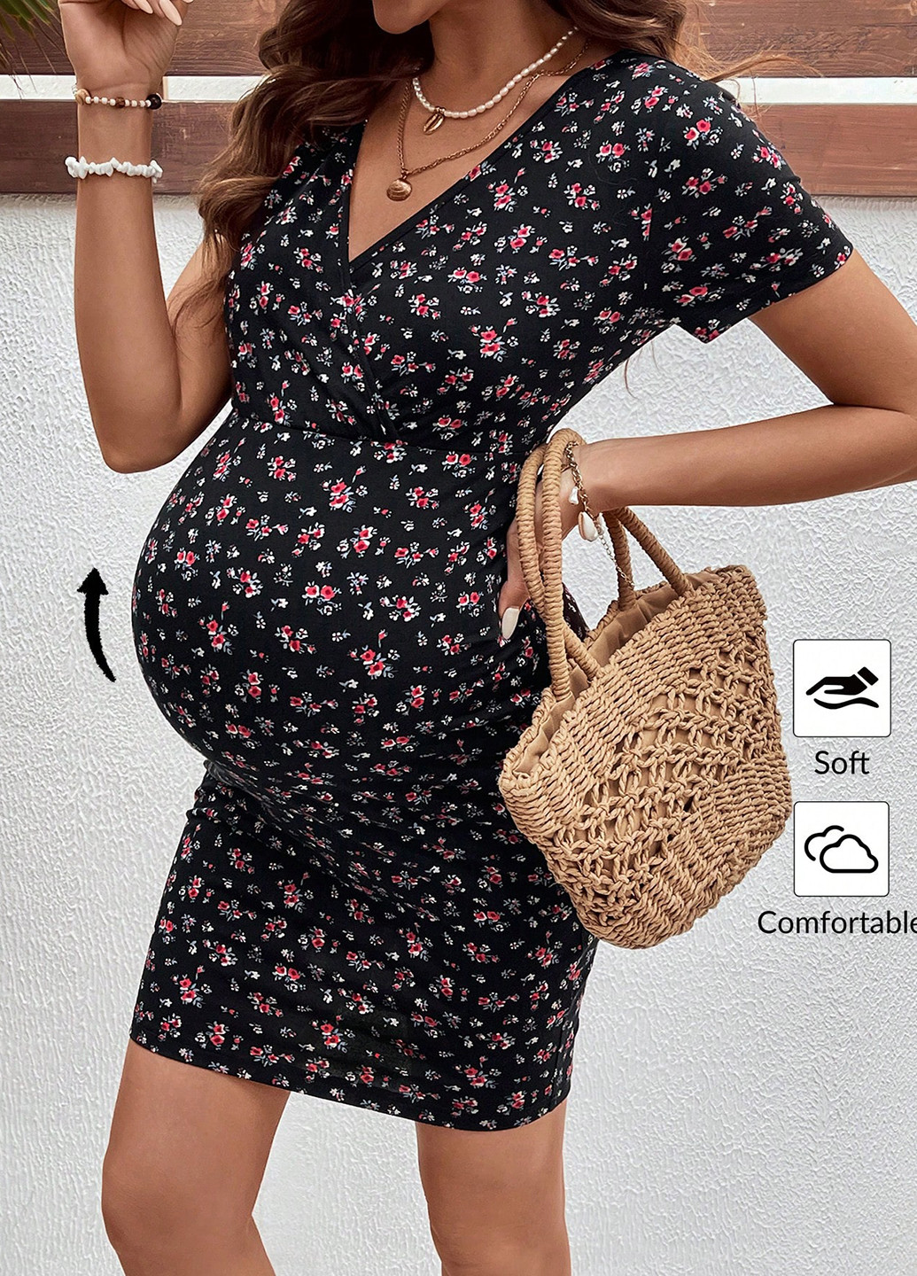 Чорна кежуал сукня для вагітних силуетна, на запах SHEIN з квітковим принтом