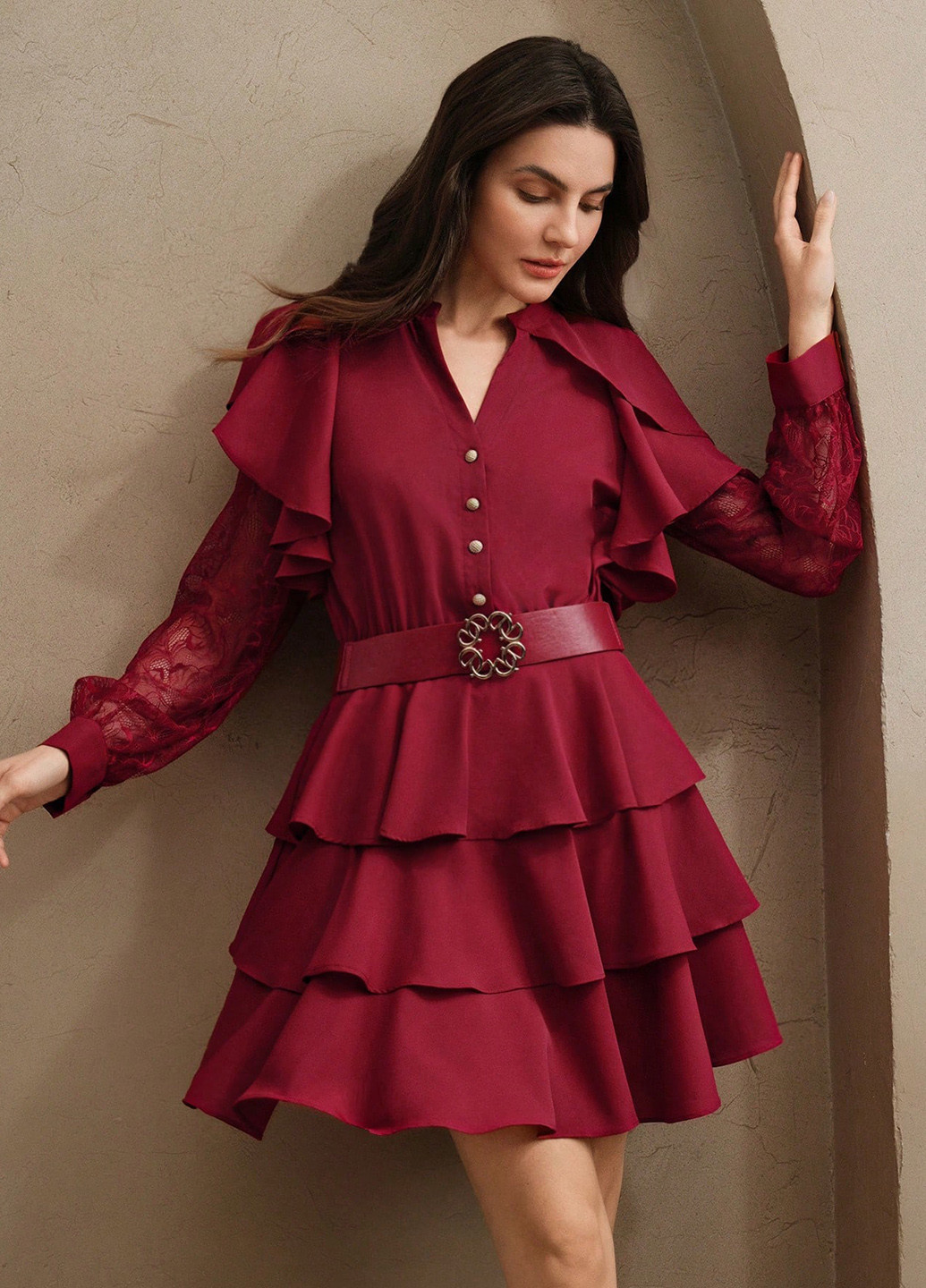 Бордовое коктейльное платье с юбкой-солнце, рубашка SHEIN однотонное