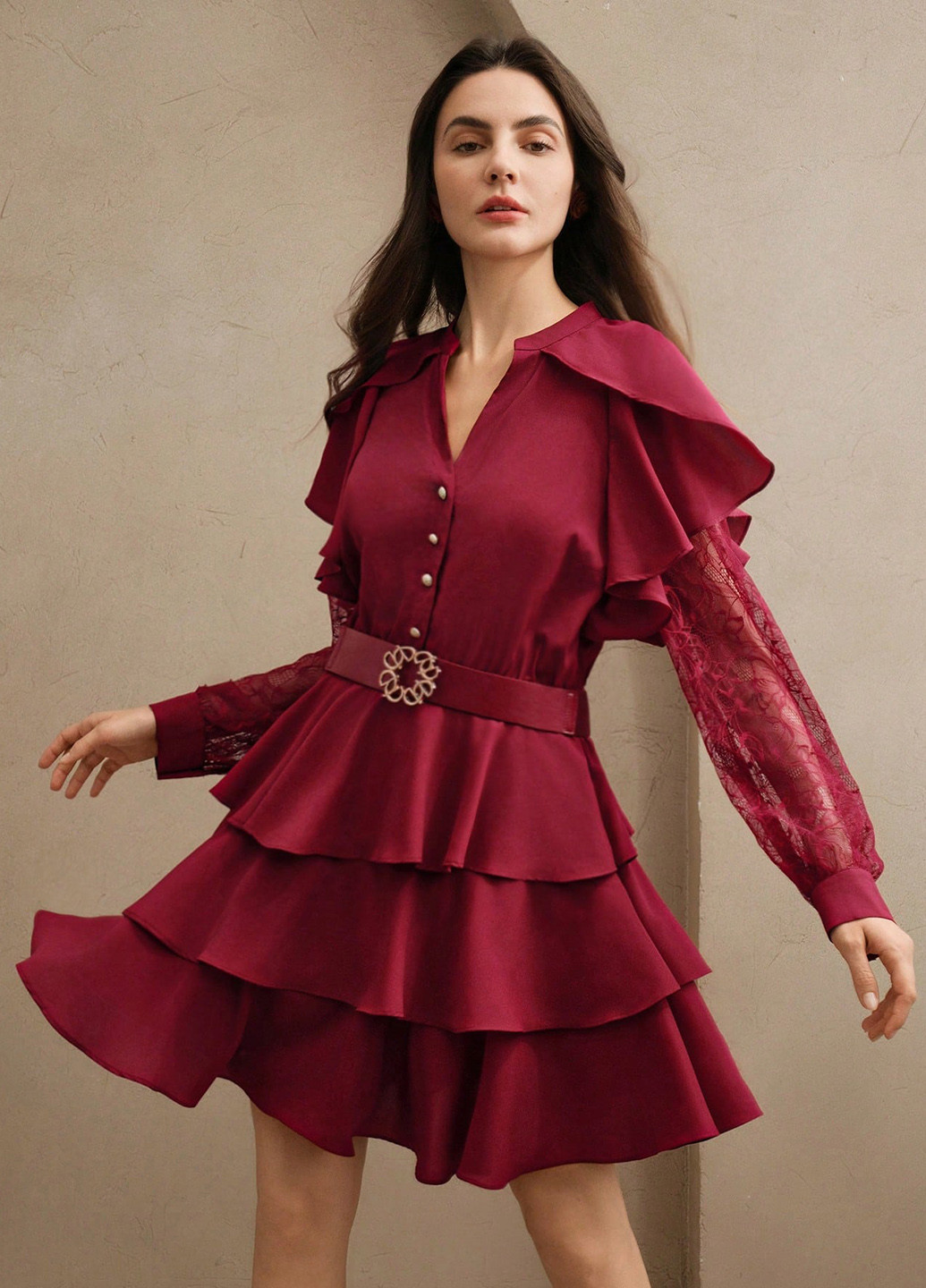 Бордовое коктейльное платье с юбкой-солнце, рубашка SHEIN однотонное