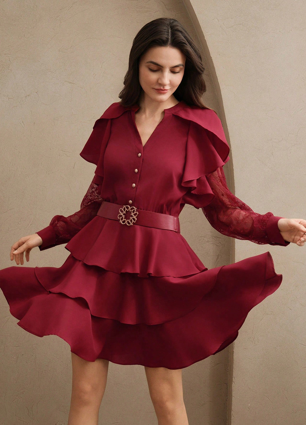 Бордовое коктейльное платье с юбкой-солнце, рубашка SHEIN однотонное