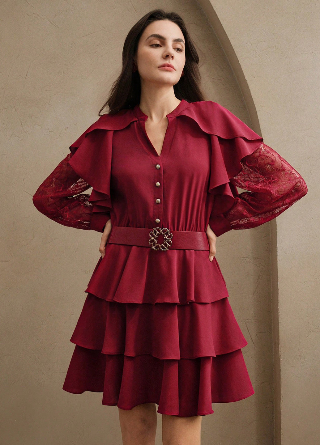 Бордовое коктейльное платье с юбкой-солнце, рубашка SHEIN однотонное